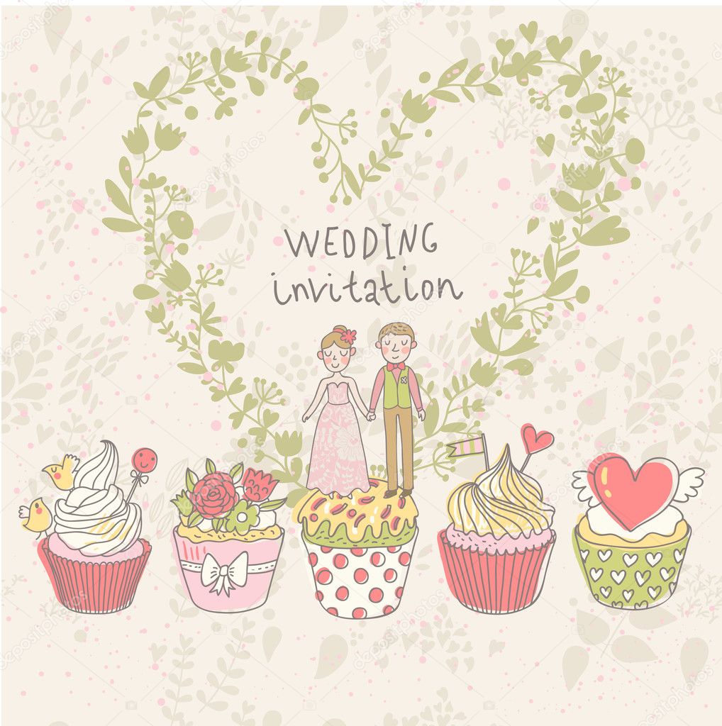 Cute wedding invitation. Couple in love on tasty cupcakes with heart made of flowers. Romantic background in cartoon style. Ideal for wedding cards and Save the Date invitations