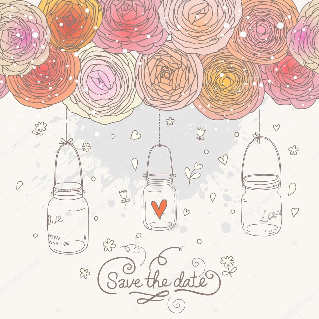 Bright Save the Date card in vector. Stylish romantic wedding invitation made of flowers and cages.