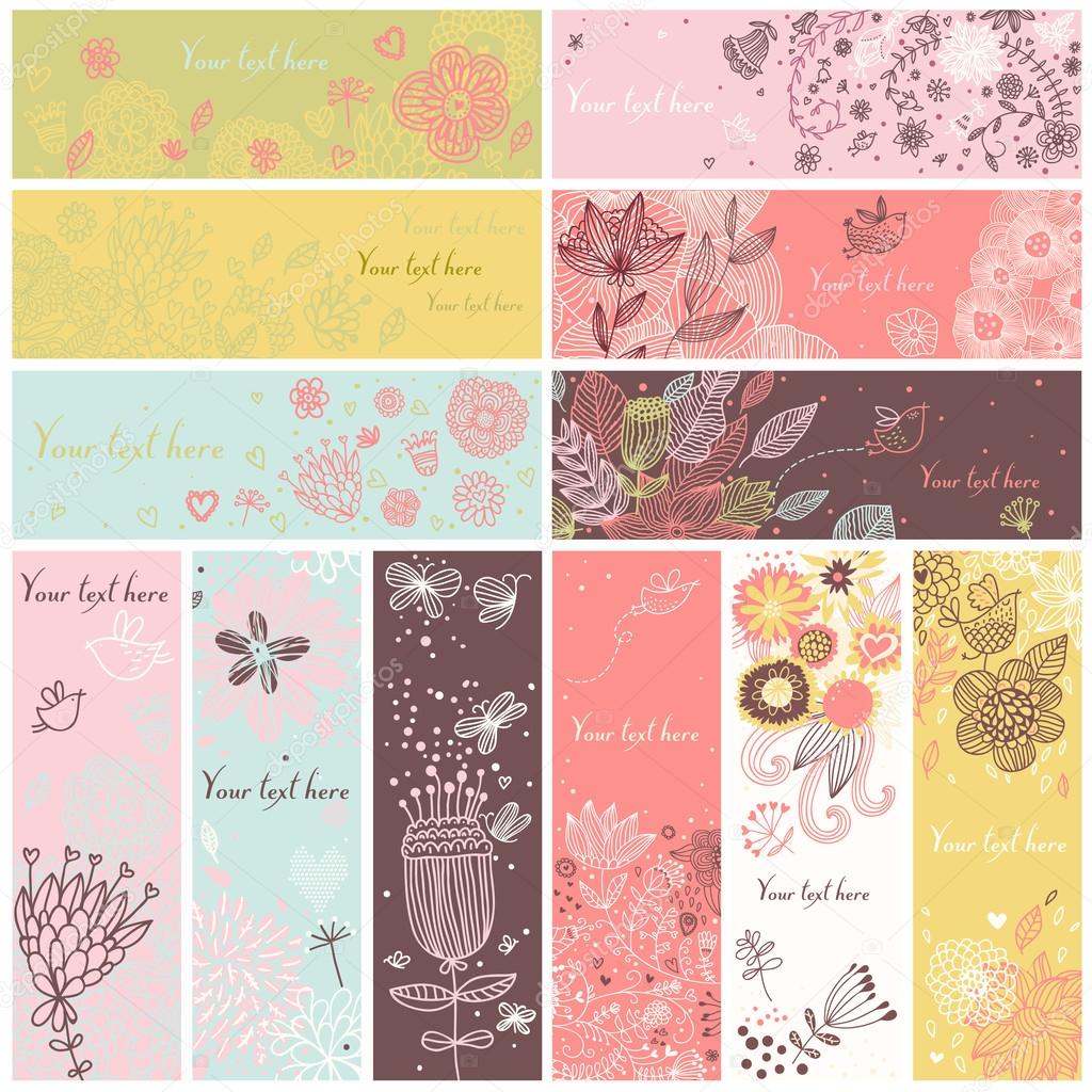 Floral banners in vector set. 12 floral cards. Summer, spring and autumn concept banners