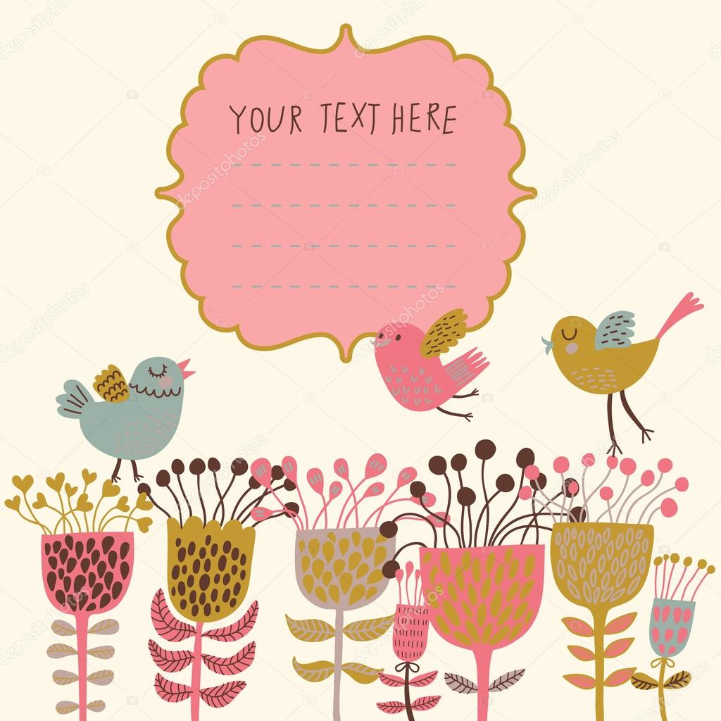 Spring flowers and birds. Cartoon floral background in vector. Spring concept card in bright colors