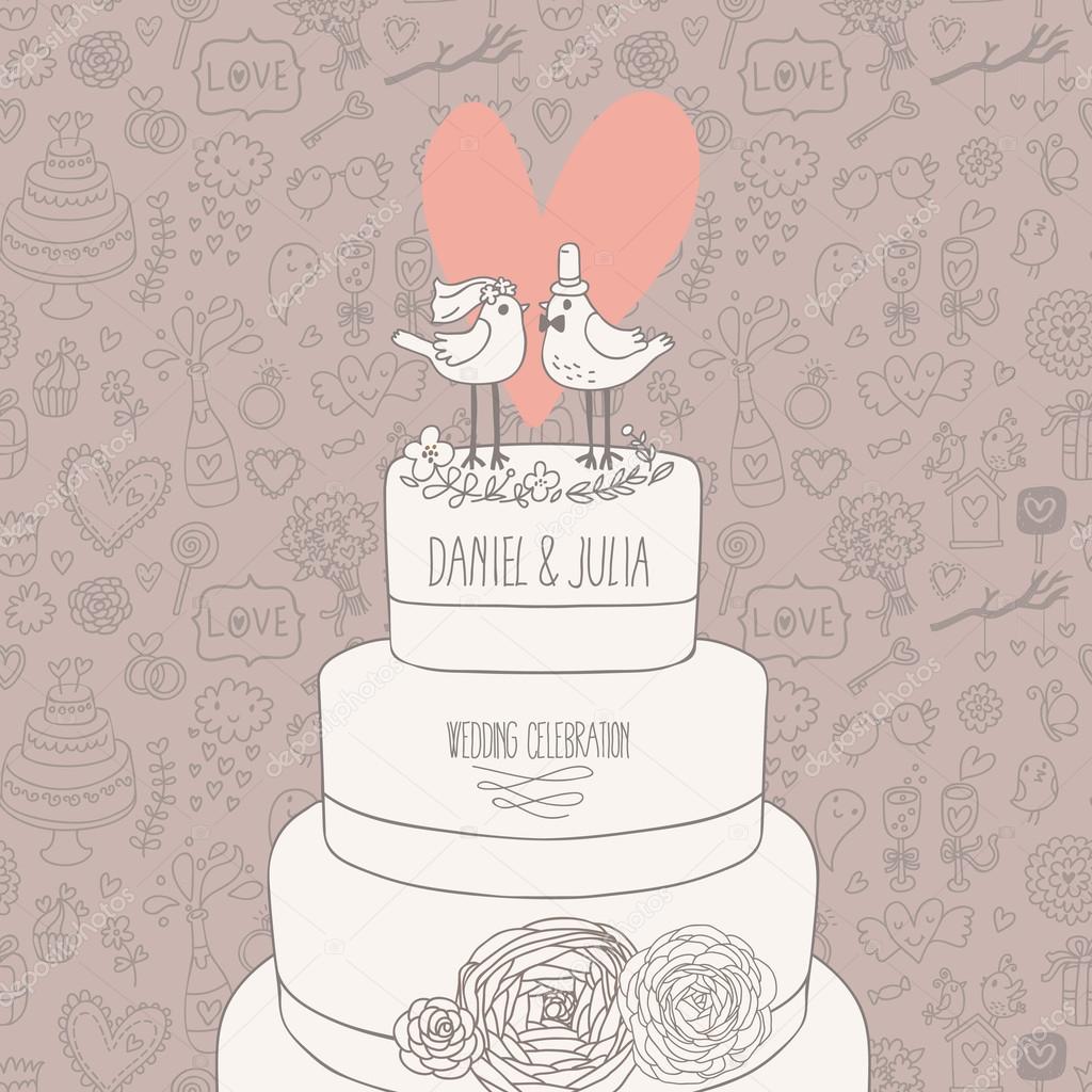 Stylish wedding invitation. Romantic birds on the cake. Save the date concept illustration. Sentimental vector card in pastel colors