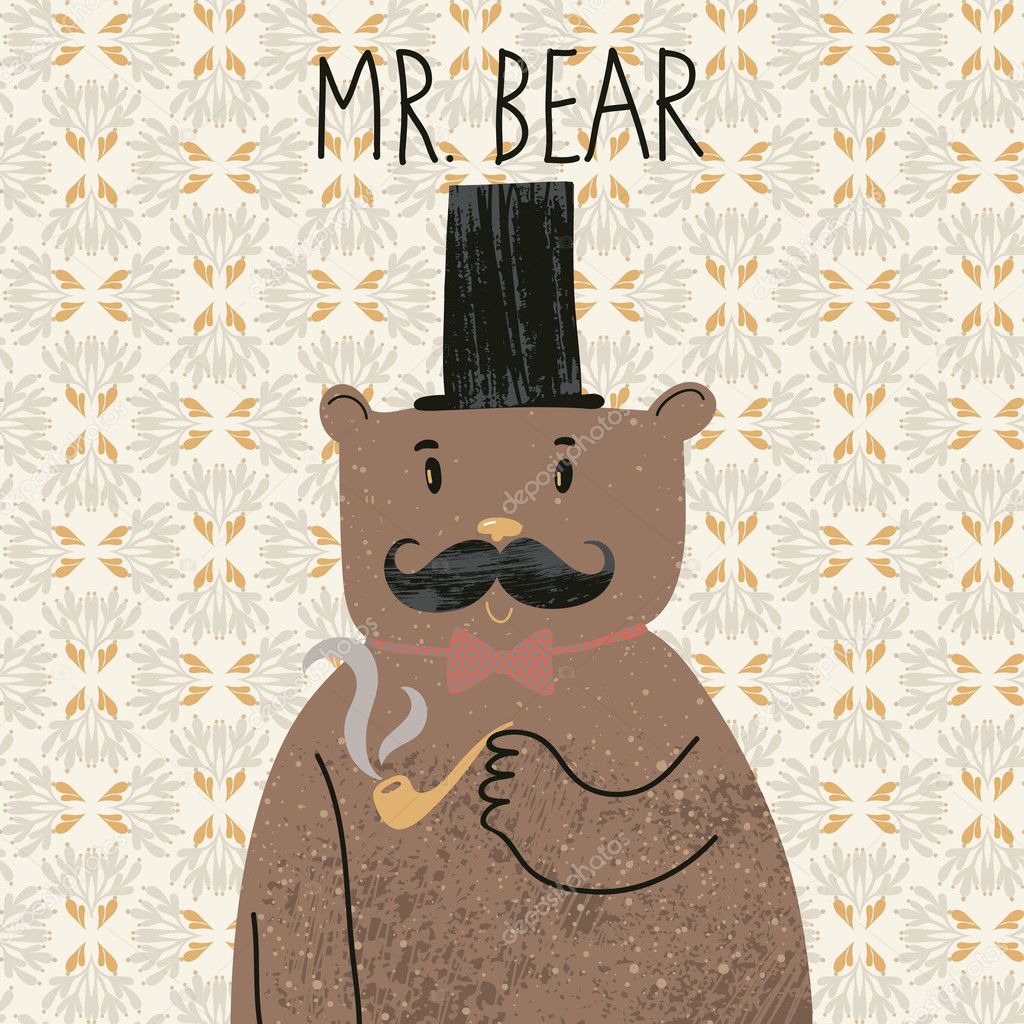 Mr bear. Cute cartoon bear in classical style with top hat, smoking pipe, bow-tie and nice mustache. Vector cartoon character on vintage seamless pattern Stock Vector Image by ©smilewithjul #25067285 Mr bear. Cute cartoon bear in classical style with top hat, smoking pipe, bow-tie and nice mustache. Vector cartoon character on vintage seamless pattern Stock Vector Image by ©smilewithjul #25067285