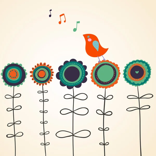 Bird is singing on flowers — Stock Vector