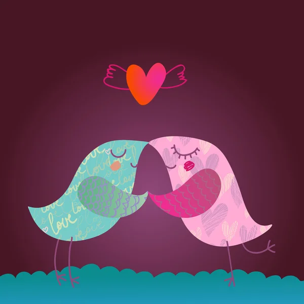 Láska desigh. dvě dekorativní kreslená ptáci ilustrace — Stockový vektor