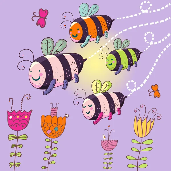 Happy Bees - illustration de dessin animé mignon — Image vectorielle