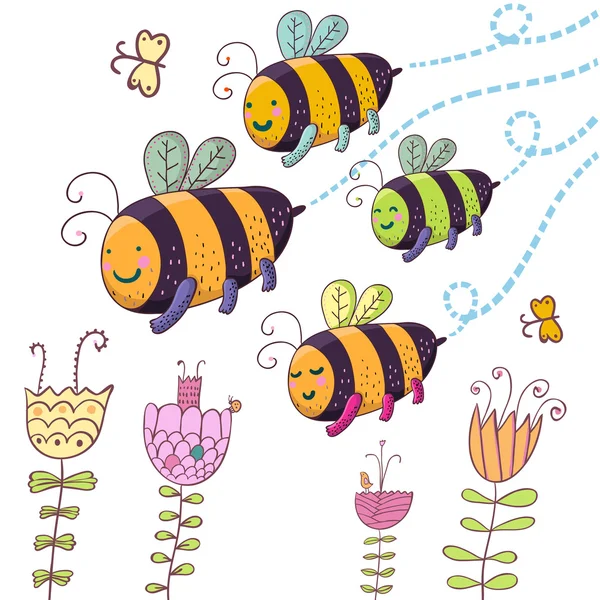 Happy bees - cute cartoon illustration — Stock Vector