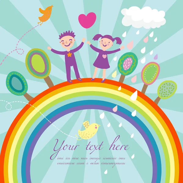 Cute children cartoon illustration - happy kids on rainbow — Stock Vector