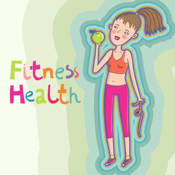 Opieki zdrowotnej tło - dziewczynka fitness z jabłkiem — Wektor stockowy