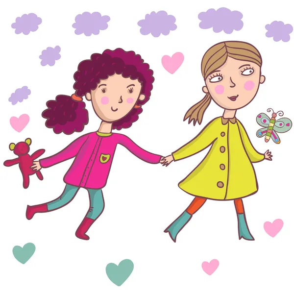 Cartoon girls - walking outside together — Stock Vector