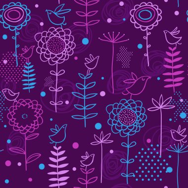 kuşlar çiçekler üzerinde. Dikişsiz desen vektör