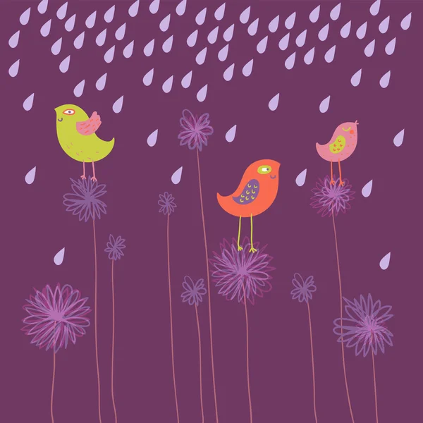 Aves sorridentes em flores sob desenho de chuva em violeta . —  Vetores de Stock