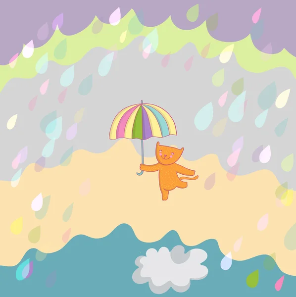 Gato sorridente sob ilustração vetorial de chuva — Vetor de Stock
