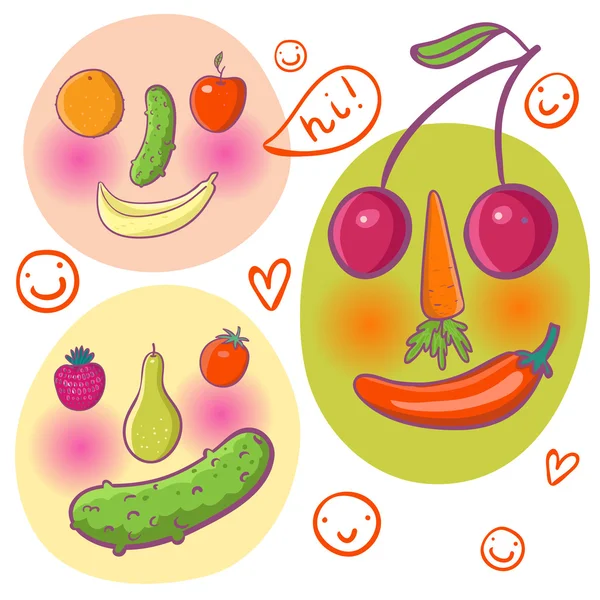 Abstract funny faces made of fruits and vegetables — Stock Vector