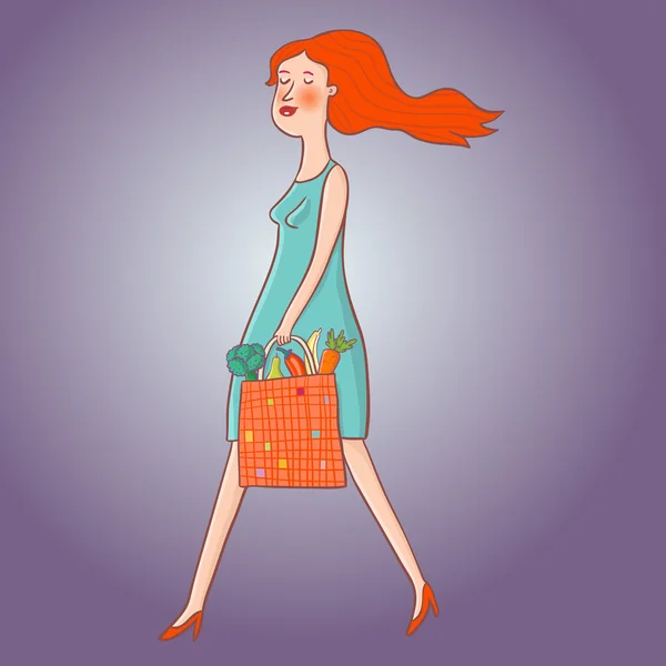 Vrouw lopen naar de winkel met verse groenten in haar tas — Stockvector