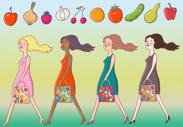 Les filles vont de la boutique de légumes - jeu de vecteur de dessin animé — Image vectorielle