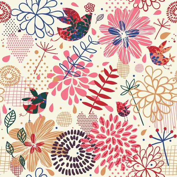 Aves en las flores - patrón abstracto sin costura en el vector — Archivo Imágenes Vectoriales