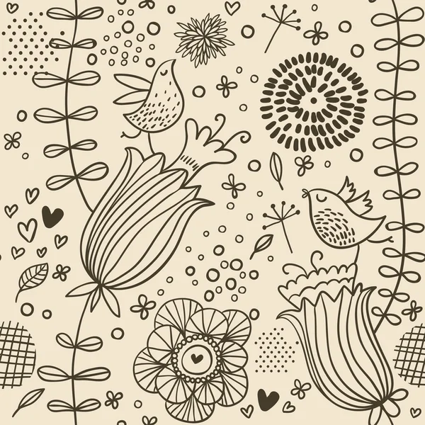Винтажный цветочный бесшовный рисунок с птицами — стоковый вектор