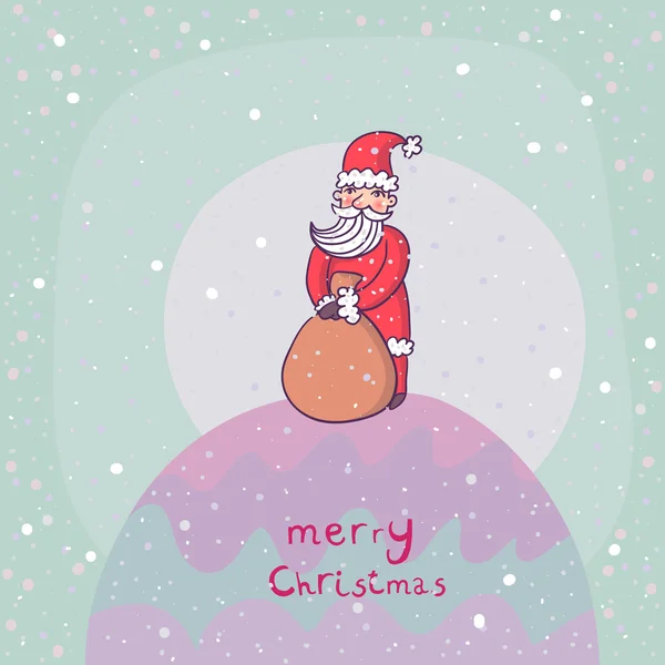 Santa con regalos bajo la nieve — Vector de stock