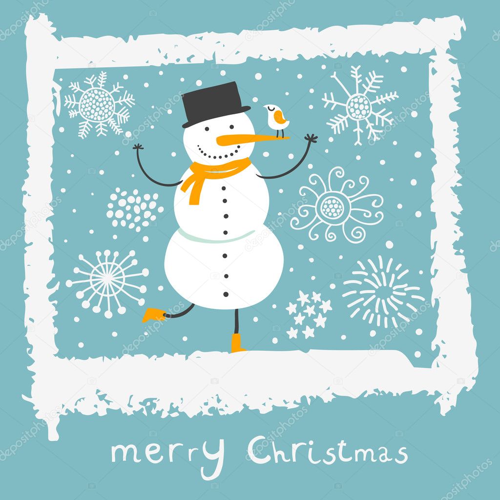 Christmas background with cartoon snowman
