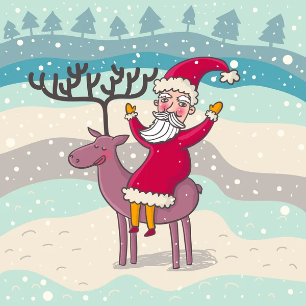 Cartoon Babbo Natale sul suo cervo — Vettoriale Stock