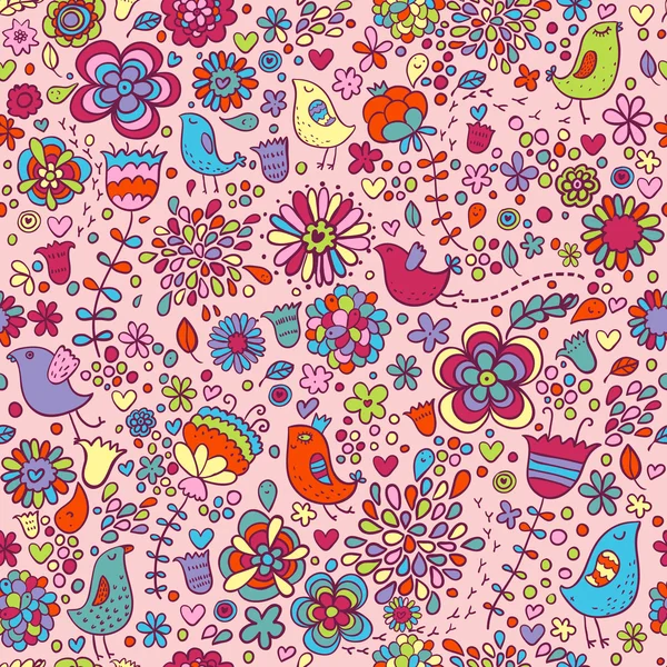 Patrón de primavera con flores coloridas y pájaros en él . — Archivo Imágenes Vectoriales