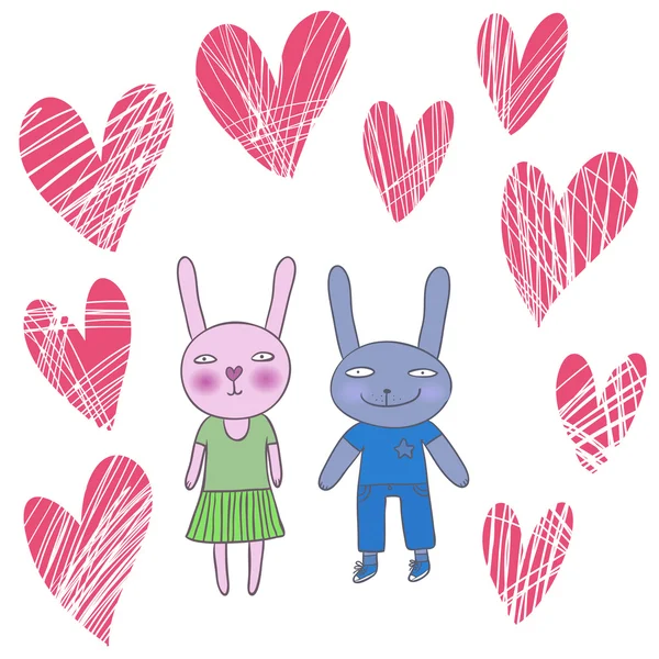 Conigli innamorati, biglietto di San Valentino — Vettoriale Stock