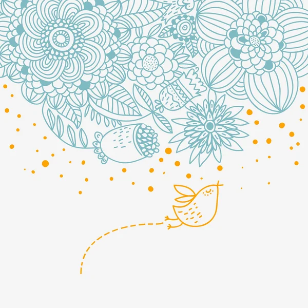 Oiseau de bande dessinée sur le fond floral clair — Image vectorielle