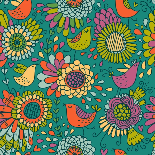 Floral motif sans couture avec des oiseaux de bande dessinée — Image vectorielle