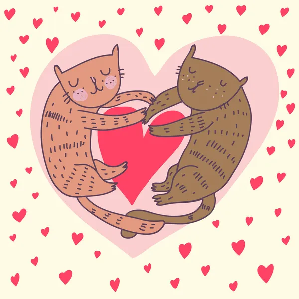Gatti dei cartoni animati innamorati. Carino sfondo romantico — Vettoriale Stock