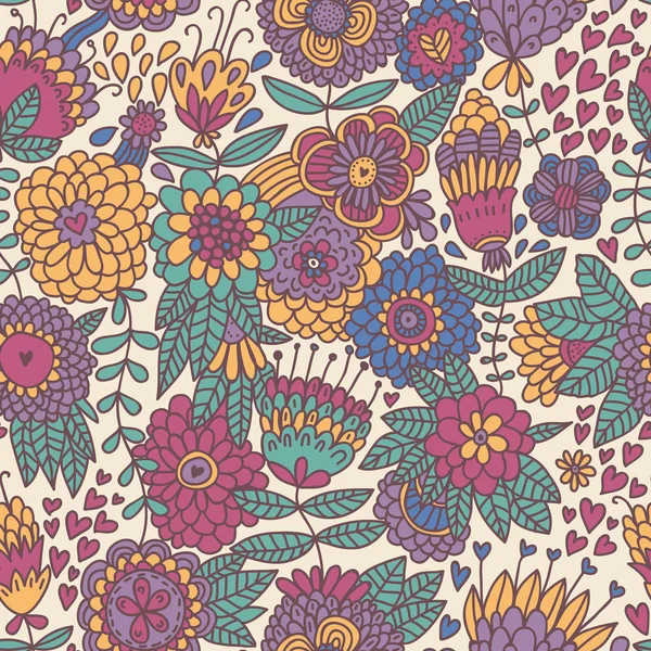 Padrão sem costura floral com pássaro dos desenhos animados em estilo retro — Vetor de Stock