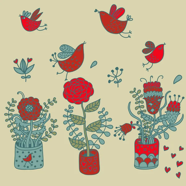 Flores coloridas en macetas y aves voladoras de dibujos animados — Vector de stock