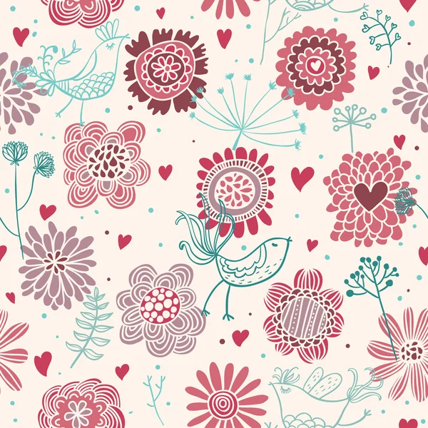 Printemps floral motif sans couture avec des oiseaux — Image vectorielle