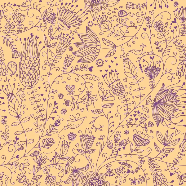 Floral motif sans couture avec des oiseaux de bande dessinée — Image vectorielle