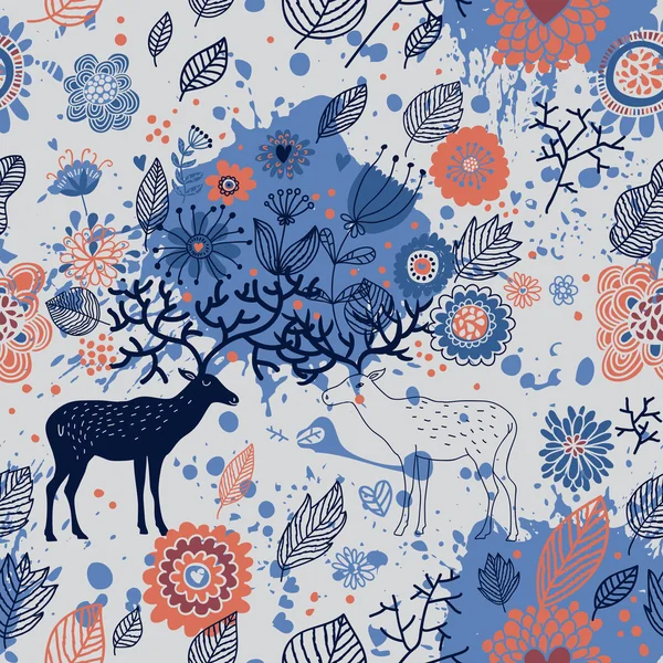 Floral seamless pattern with cartoon deers in vector — Stock Vector