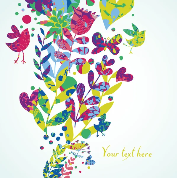 Fondo floral colorido con mariposas, pájaros y corazones — Vector de stock