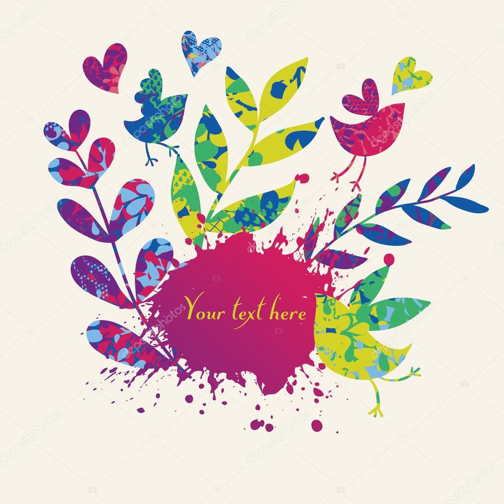 Colorful floral background with butterflies, birds and hearts