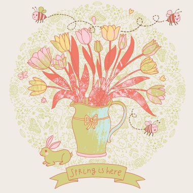 Güzel vazo laleler ve küçük tavşan. güzel davetler için karikatür vektör kartı