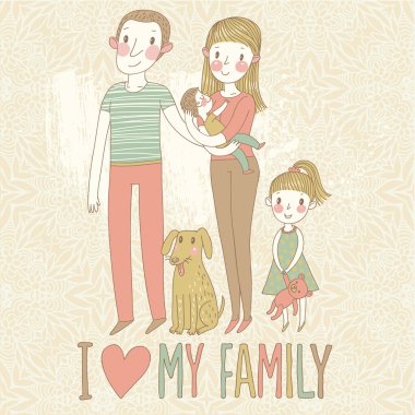 Ben ailemi seviyorum. Anne, baba, oğul, kız ve köpekle karikatür çizimi. Mutlu ebeveynler ve evcil hayvanlar