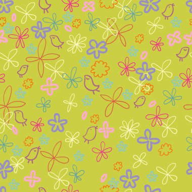 Bahar vektör desen renkli çiçekler ve kuşlar üstünde o