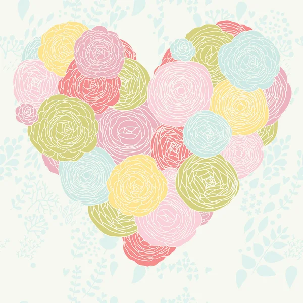 Elegante corazón hecho de flores en vector. Hermosa tarjeta romántica . — Vector de stock