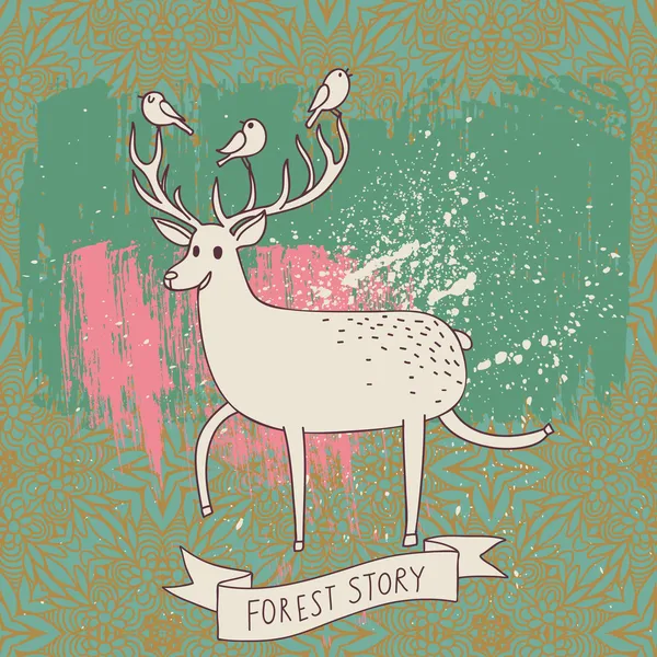 Historia del bosque - ciervos y aves sobre fondo abstracto. Ilustración de dibujos animados en vector — Vector de stock