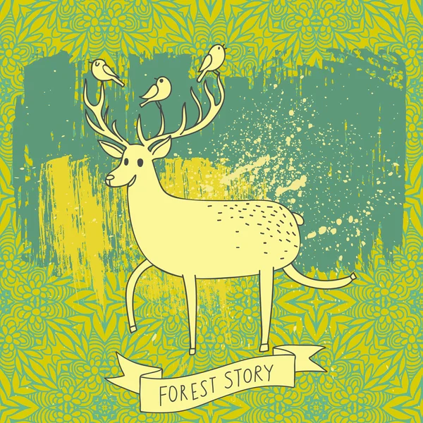 Forest story - deer and birds on abstract background. Cartoon illustration in vector — Stock Vector