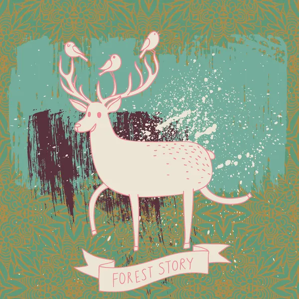 Forest story - deer and birds on abstract background. Cartoon illustration in vector — Stock Vector