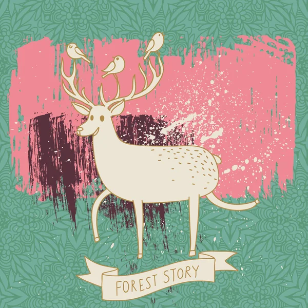 Forest story - deer and birds on abstract background. Cartoon illustration in vector — Stock Vector