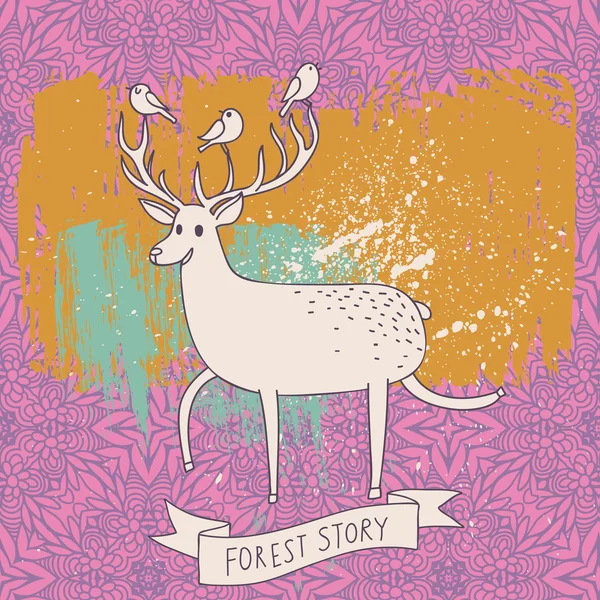 Historia del bosque - ciervos y aves sobre fondo abstracto. Ilustración de dibujos animados en vector — Vector de stock