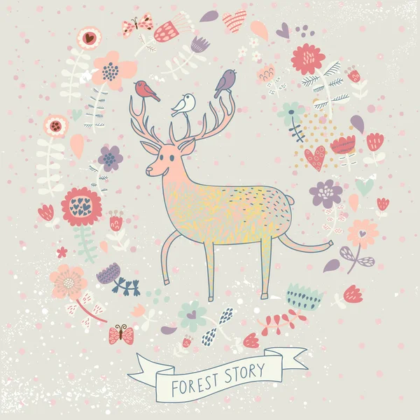 Nice floral background with cute cartoon deer. Natural wallpaper in vector — Stock Vector