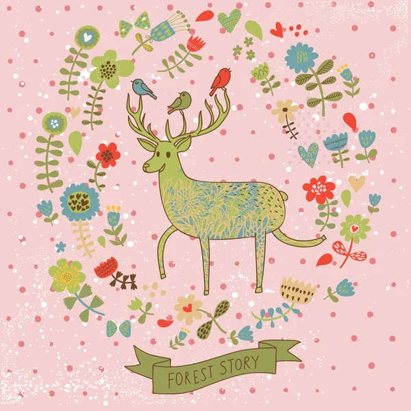 Nice floral background with cute cartoon deer. Natural wallpaper in vector — Stock Vector