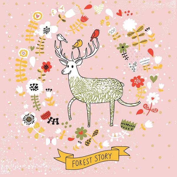Bonito fondo floral con lindos ciervos de dibujos animados. Fondo de pantalla natural en vector — Vector de stock
