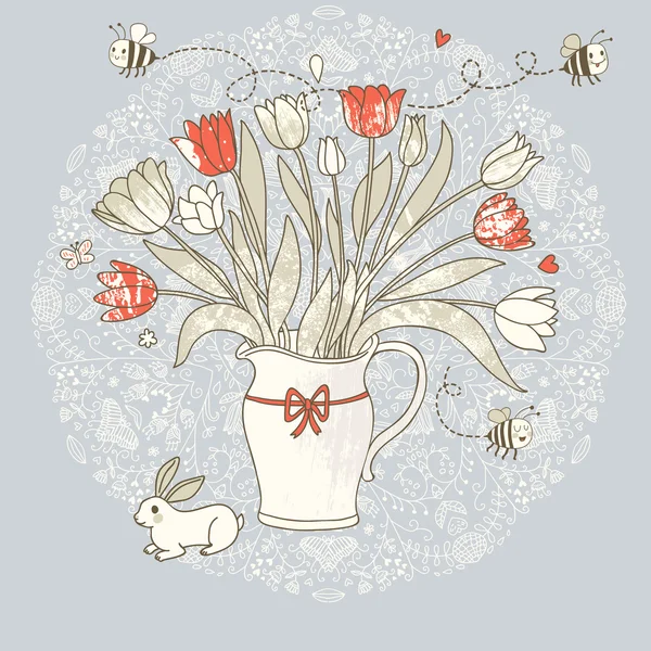 Splendido vaso con tulipani e coniglietto. Cartoon card vettoriale per bellissimi inviti — Vettoriale Stock