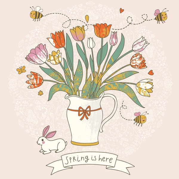 Superbe vase avec tulipes et petit lapin. Carte vectorielle de bande dessinée pour de belles invitations — Image vectorielle